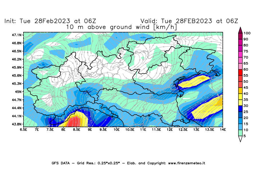 Mappa di analisi GFS - Velocità del vento a 10 metri dal suolo [km/h] in Nord-Italia
							del 28/02/2023 06 <!--googleoff: index-->UTC<!--googleon: index-->