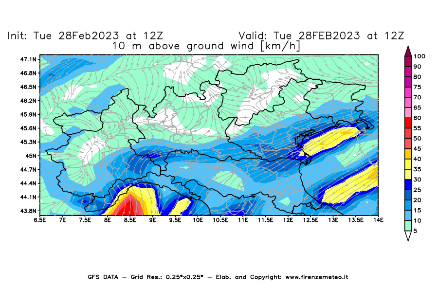 Mappa di analisi GFS - Velocità del vento a 10 metri dal suolo [km/h] in Nord-Italia
							del 28/02/2023 12 <!--googleoff: index-->UTC<!--googleon: index-->