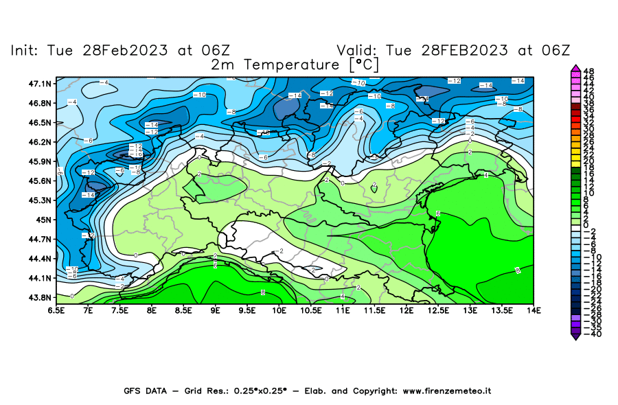 Mappa di analisi GFS - Temperatura a 2 metri dal suolo [°C] in Nord-Italia
							del 28/02/2023 06 <!--googleoff: index-->UTC<!--googleon: index-->