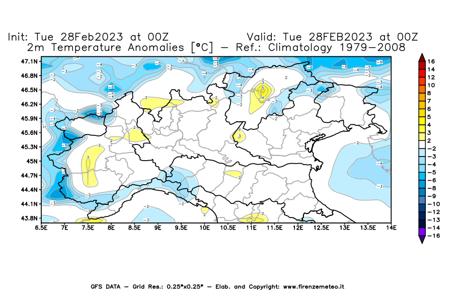 Mappa di analisi GFS - Anomalia Temperatura [°C] a 2 m in Nord-Italia
							del 28/02/2023 00 <!--googleoff: index-->UTC<!--googleon: index-->