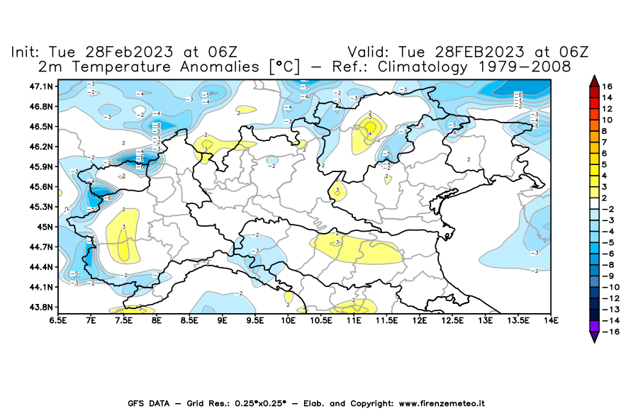 Mappa di analisi GFS - Anomalia Temperatura [°C] a 2 m in Nord-Italia
							del 28/02/2023 06 <!--googleoff: index-->UTC<!--googleon: index-->
