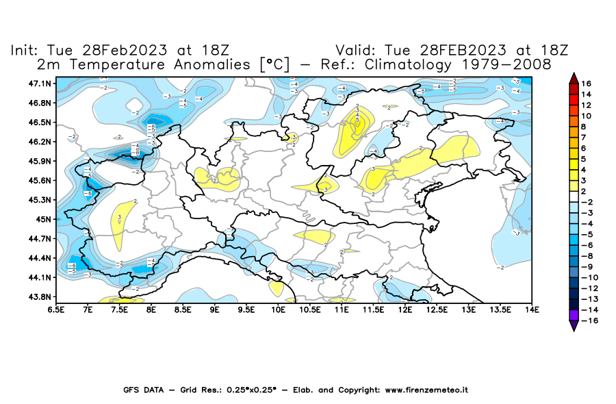 Mappa di analisi GFS - Anomalia Temperatura [°C] a 2 m in Nord-Italia
							del 28/02/2023 18 <!--googleoff: index-->UTC<!--googleon: index-->