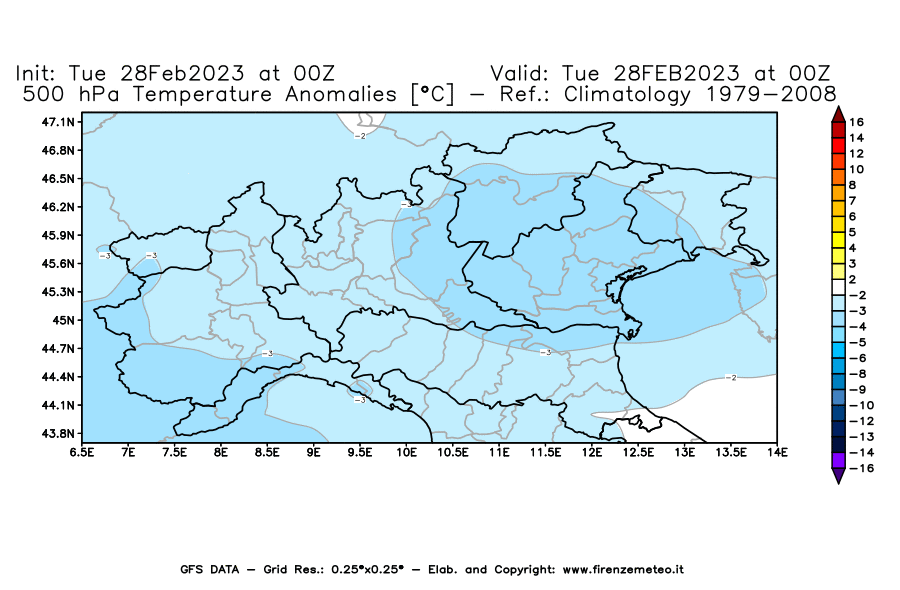 Mappa di analisi GFS - Anomalia Temperatura [°C] a 500 hPa in Nord-Italia
							del 28/02/2023 00 <!--googleoff: index-->UTC<!--googleon: index-->