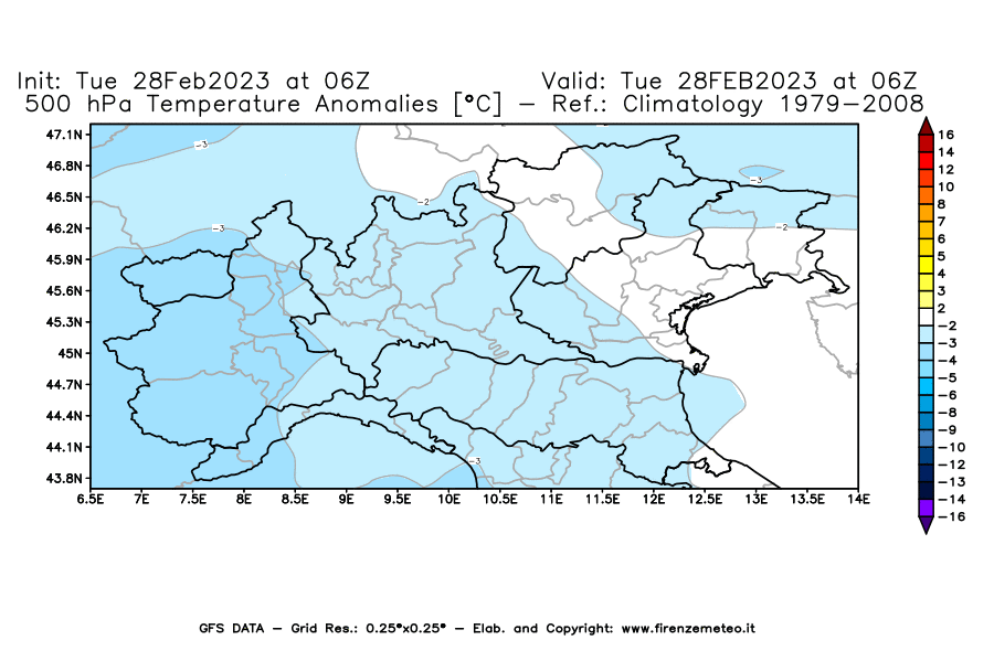 Mappa di analisi GFS - Anomalia Temperatura [°C] a 500 hPa in Nord-Italia
							del 28/02/2023 06 <!--googleoff: index-->UTC<!--googleon: index-->