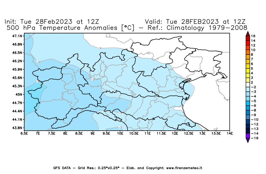 Mappa di analisi GFS - Anomalia Temperatura [°C] a 500 hPa in Nord-Italia
							del 28/02/2023 12 <!--googleoff: index-->UTC<!--googleon: index-->