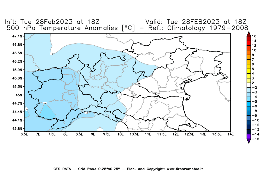 Mappa di analisi GFS - Anomalia Temperatura [°C] a 500 hPa in Nord-Italia
							del 28/02/2023 18 <!--googleoff: index-->UTC<!--googleon: index-->