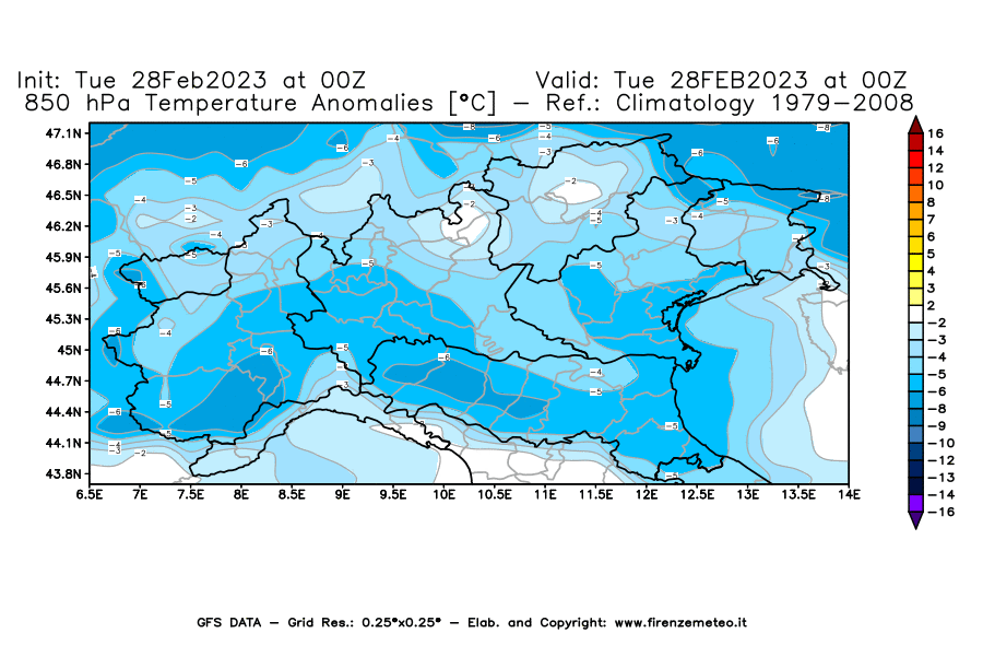 Mappa di analisi GFS - Anomalia Temperatura [°C] a 850 hPa in Nord-Italia
							del 28/02/2023 00 <!--googleoff: index-->UTC<!--googleon: index-->