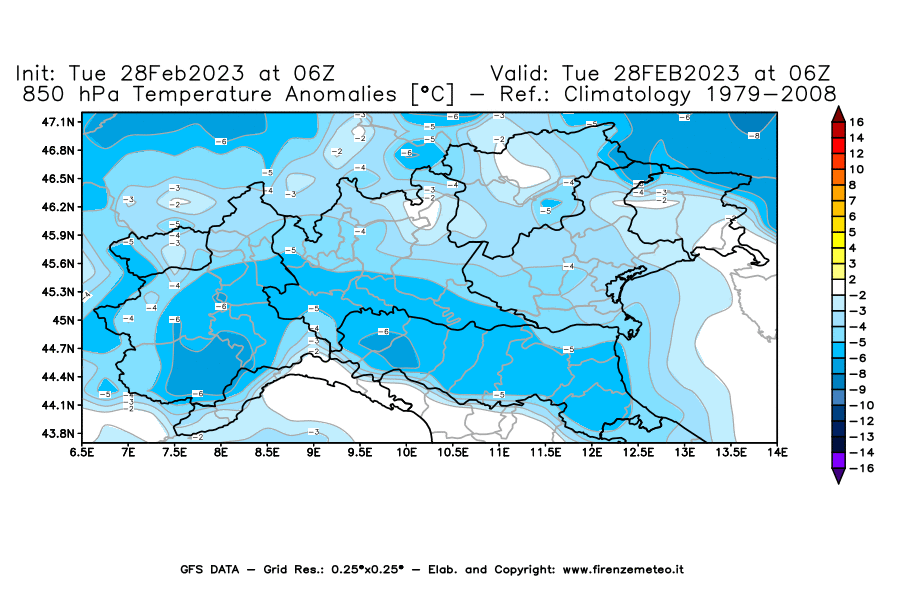 Mappa di analisi GFS - Anomalia Temperatura [°C] a 850 hPa in Nord-Italia
							del 28/02/2023 06 <!--googleoff: index-->UTC<!--googleon: index-->