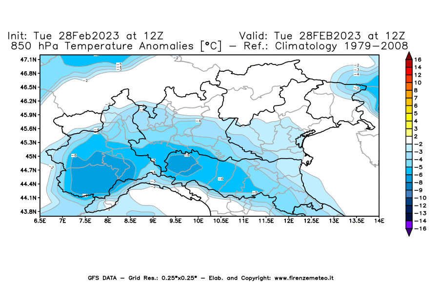 Mappa di analisi GFS - Anomalia Temperatura [°C] a 850 hPa in Nord-Italia
							del 28/02/2023 12 <!--googleoff: index-->UTC<!--googleon: index-->