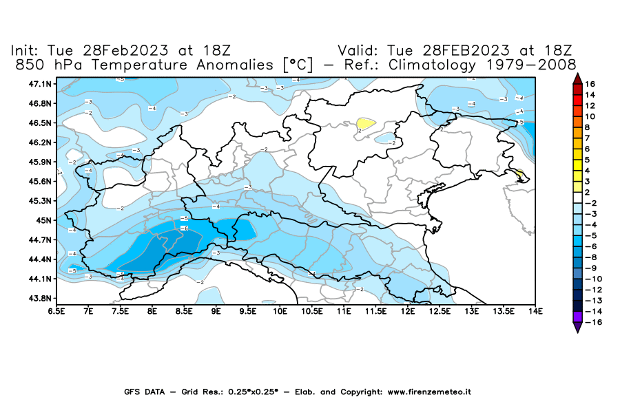 Mappa di analisi GFS - Anomalia Temperatura [°C] a 850 hPa in Nord-Italia
							del 28/02/2023 18 <!--googleoff: index-->UTC<!--googleon: index-->