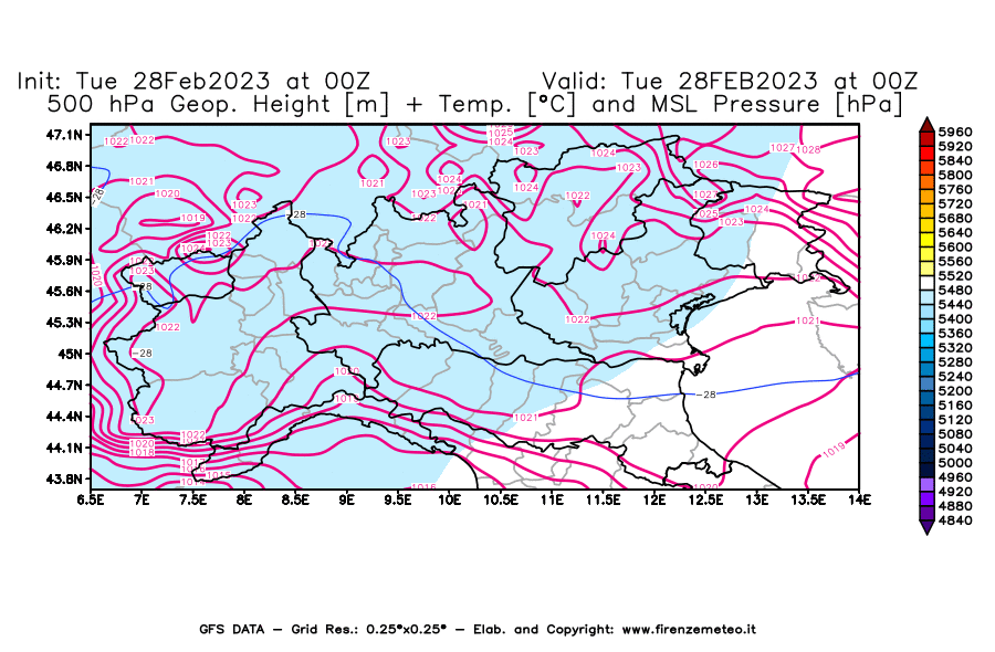 Mappa di analisi GFS - Geopotenziale [m] + Temp. [°C] a 500 hPa + Press. a livello del mare [hPa] in Nord-Italia
							del 28/02/2023 00 <!--googleoff: index-->UTC<!--googleon: index-->