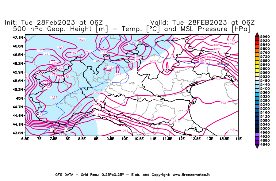 Mappa di analisi GFS - Geopotenziale [m] + Temp. [°C] a 500 hPa + Press. a livello del mare [hPa] in Nord-Italia
							del 28/02/2023 06 <!--googleoff: index-->UTC<!--googleon: index-->