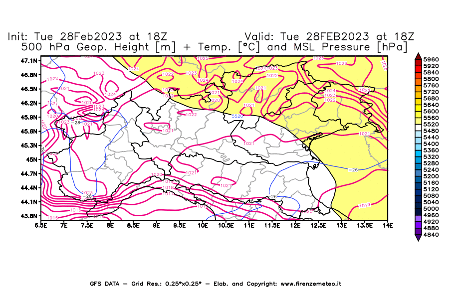 Mappa di analisi GFS - Geopotenziale [m] + Temp. [°C] a 500 hPa + Press. a livello del mare [hPa] in Nord-Italia
							del 28/02/2023 18 <!--googleoff: index-->UTC<!--googleon: index-->