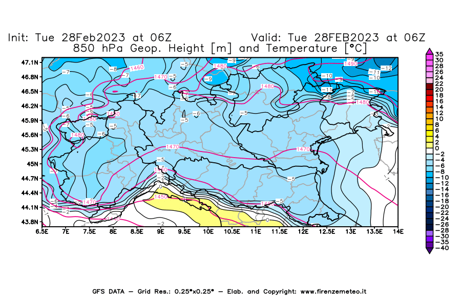 Mappa di analisi GFS - Geopotenziale [m] e Temperatura [°C] a 850 hPa in Nord-Italia
							del 28/02/2023 06 <!--googleoff: index-->UTC<!--googleon: index-->
