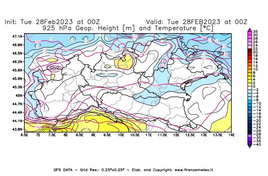 Mappa di analisi GFS - Geopotenziale [m] e Temperatura [°C] a 925 hPa in Nord-Italia
							del 28/02/2023 00 <!--googleoff: index-->UTC<!--googleon: index-->