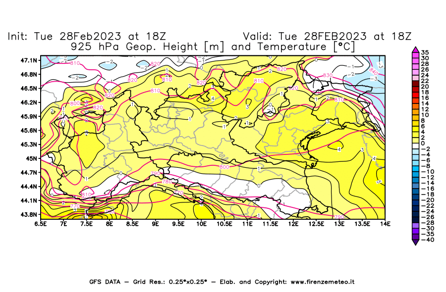 Mappa di analisi GFS - Geopotenziale [m] e Temperatura [°C] a 925 hPa in Nord-Italia
							del 28/02/2023 18 <!--googleoff: index-->UTC<!--googleon: index-->