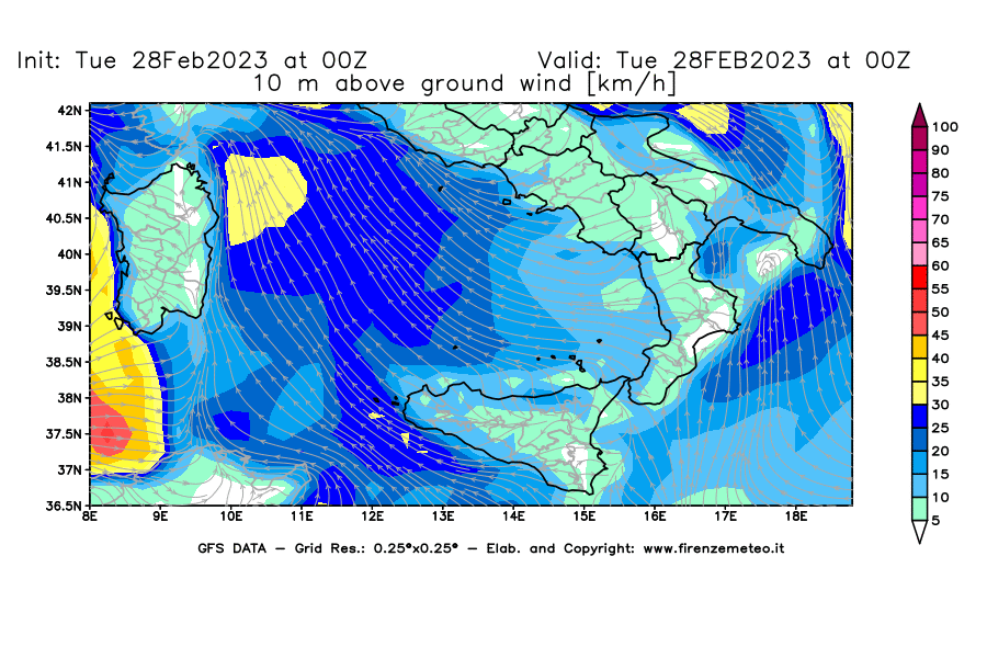 Mappa di analisi GFS - Velocità del vento a 10 metri dal suolo [km/h] in Sud-Italia
							del 28/02/2023 00 <!--googleoff: index-->UTC<!--googleon: index-->