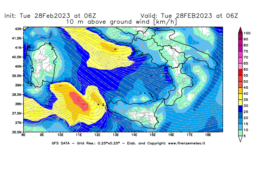 Mappa di analisi GFS - Velocità del vento a 10 metri dal suolo [km/h] in Sud-Italia
							del 28/02/2023 06 <!--googleoff: index-->UTC<!--googleon: index-->