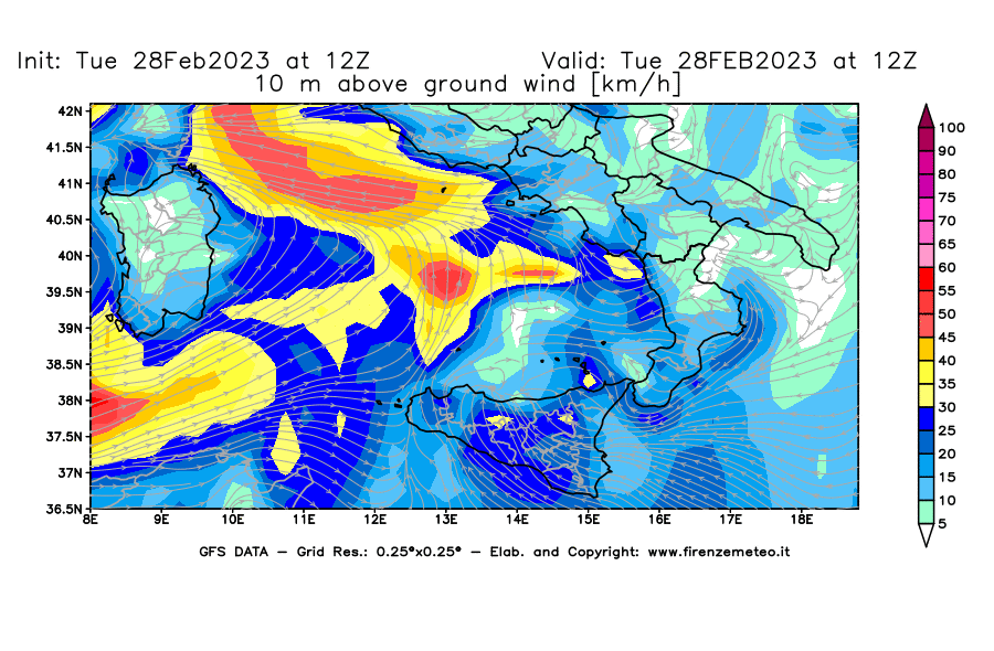 Mappa di analisi GFS - Velocità del vento a 10 metri dal suolo [km/h] in Sud-Italia
							del 28/02/2023 12 <!--googleoff: index-->UTC<!--googleon: index-->