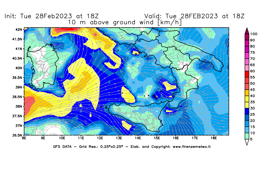 Mappa di analisi GFS - Velocità del vento a 10 metri dal suolo [km/h] in Sud-Italia
							del 28/02/2023 18 <!--googleoff: index-->UTC<!--googleon: index-->