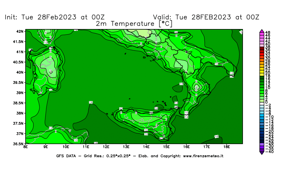Mappa di analisi GFS - Temperatura a 2 metri dal suolo [°C] in Sud-Italia
							del 28/02/2023 00 <!--googleoff: index-->UTC<!--googleon: index-->