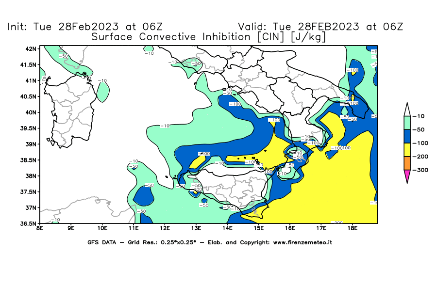 Mappa di analisi GFS - CIN [J/kg] in Sud-Italia
							del 28/02/2023 06 <!--googleoff: index-->UTC<!--googleon: index-->