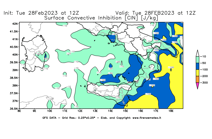 Mappa di analisi GFS - CIN [J/kg] in Sud-Italia
							del 28/02/2023 12 <!--googleoff: index-->UTC<!--googleon: index-->