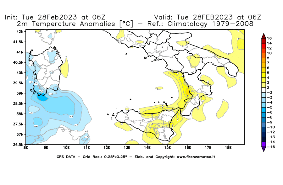 Mappa di analisi GFS - Anomalia Temperatura [°C] a 2 m in Sud-Italia
							del 28/02/2023 06 <!--googleoff: index-->UTC<!--googleon: index-->