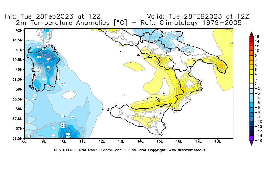 Mappa di analisi GFS - Anomalia Temperatura [°C] a 2 m in Sud-Italia
							del 28/02/2023 12 <!--googleoff: index-->UTC<!--googleon: index-->