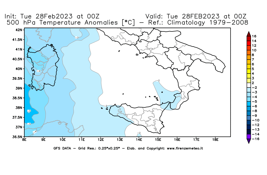 Mappa di analisi GFS - Anomalia Temperatura [°C] a 500 hPa in Sud-Italia
							del 28/02/2023 00 <!--googleoff: index-->UTC<!--googleon: index-->