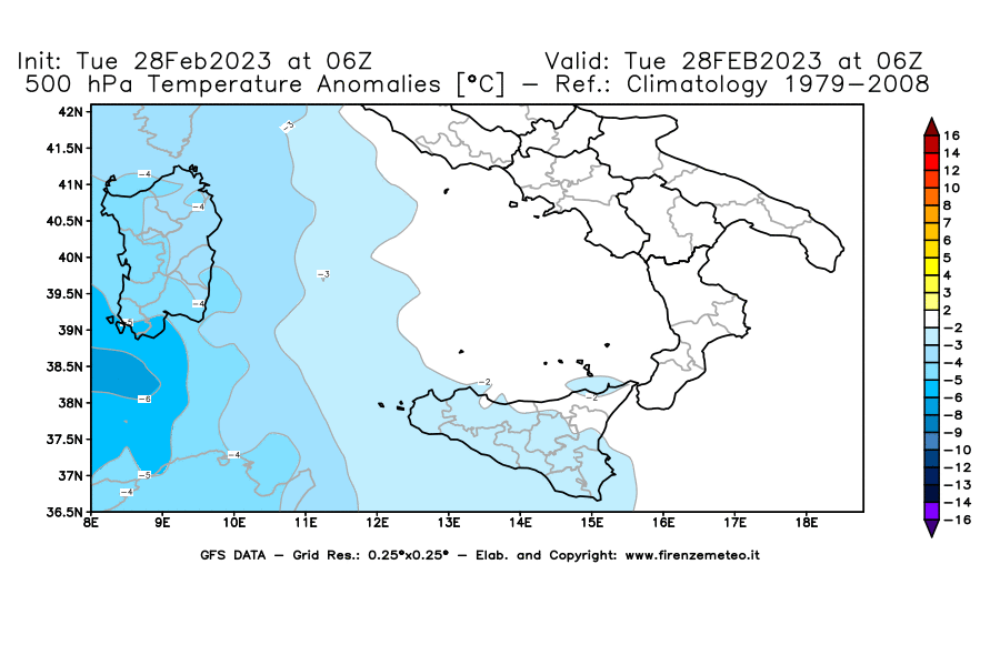 Mappa di analisi GFS - Anomalia Temperatura [°C] a 500 hPa in Sud-Italia
							del 28/02/2023 06 <!--googleoff: index-->UTC<!--googleon: index-->