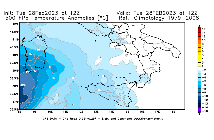 Mappa di analisi GFS - Anomalia Temperatura [°C] a 500 hPa in Sud-Italia
							del 28/02/2023 12 <!--googleoff: index-->UTC<!--googleon: index-->