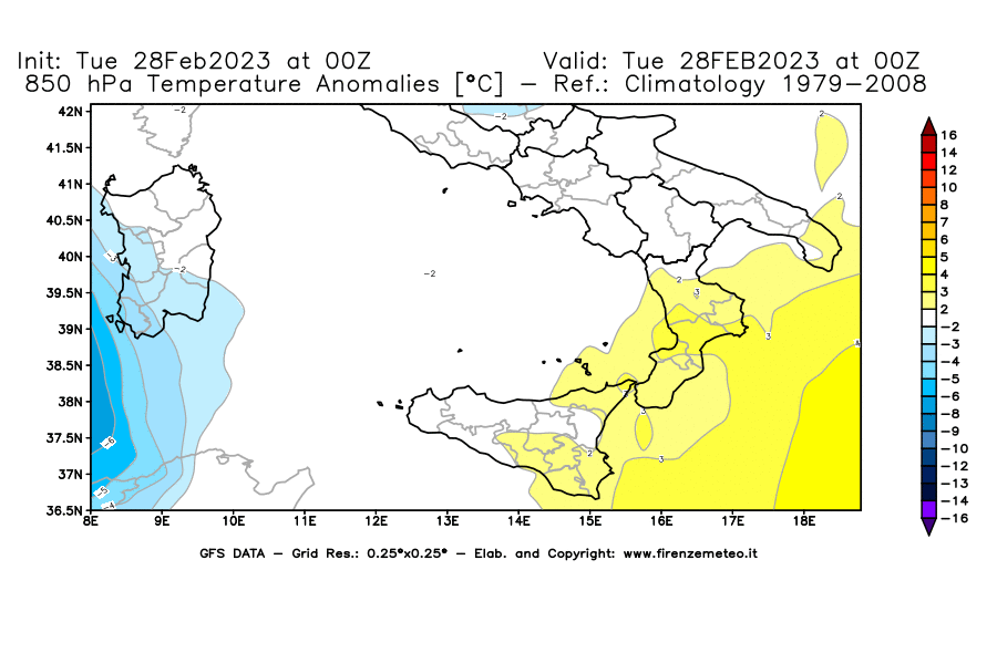Mappa di analisi GFS - Anomalia Temperatura [°C] a 850 hPa in Sud-Italia
							del 28/02/2023 00 <!--googleoff: index-->UTC<!--googleon: index-->