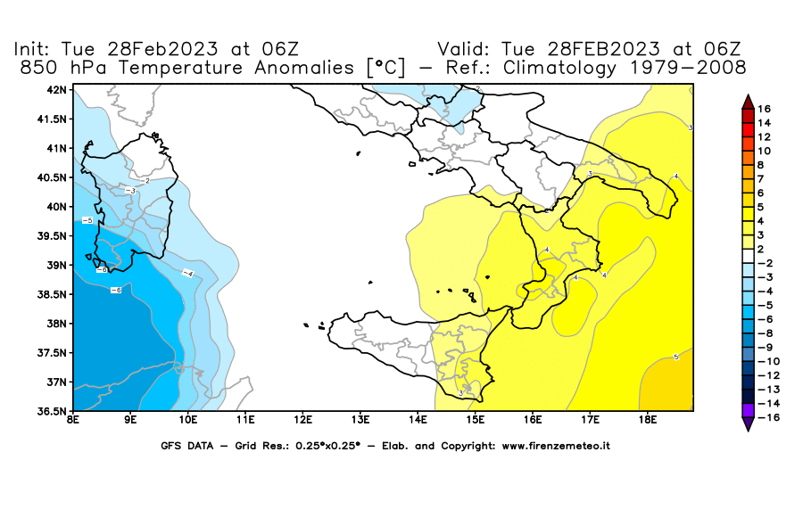 Mappa di analisi GFS - Anomalia Temperatura [°C] a 850 hPa in Sud-Italia
							del 28/02/2023 06 <!--googleoff: index-->UTC<!--googleon: index-->