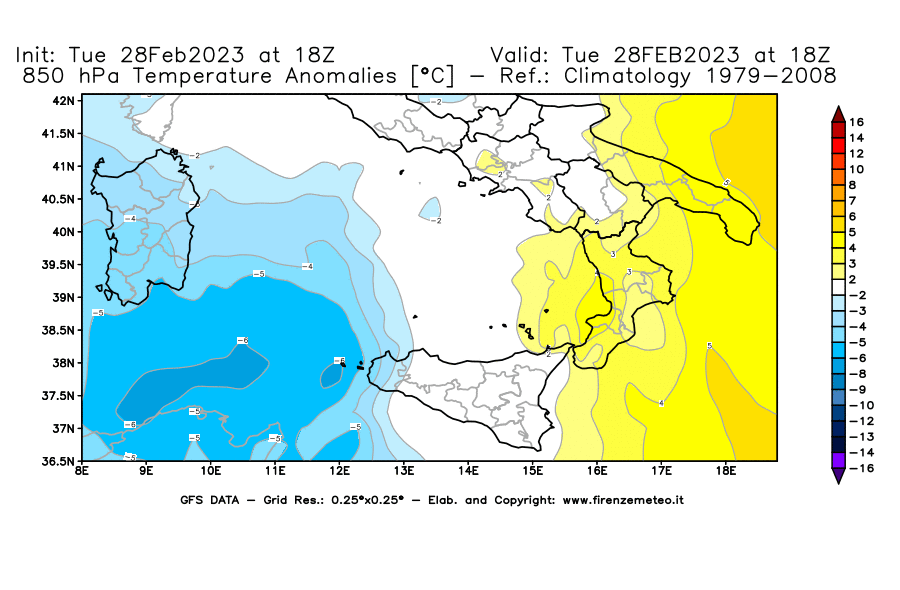 Mappa di analisi GFS - Anomalia Temperatura [°C] a 850 hPa in Sud-Italia
							del 28/02/2023 18 <!--googleoff: index-->UTC<!--googleon: index-->