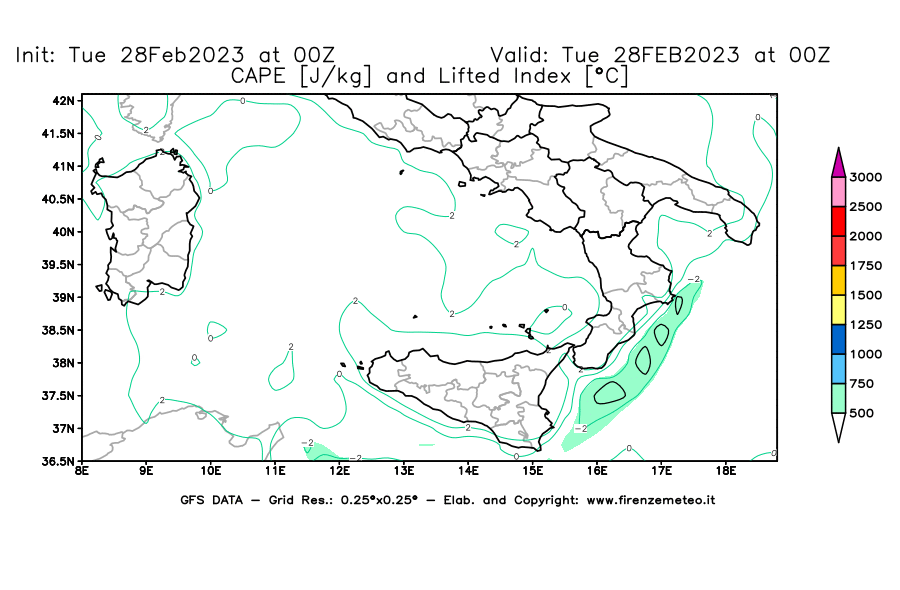 Mappa di analisi GFS - CAPE [J/kg] e Lifted Index [°C] in Sud-Italia
							del 28/02/2023 00 <!--googleoff: index-->UTC<!--googleon: index-->