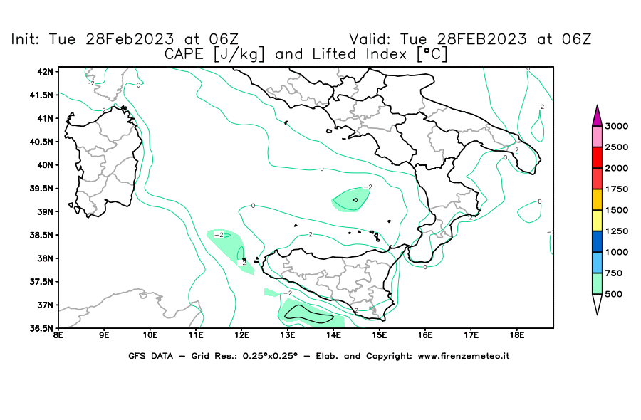 Mappa di analisi GFS - CAPE [J/kg] e Lifted Index [°C] in Sud-Italia
							del 28/02/2023 06 <!--googleoff: index-->UTC<!--googleon: index-->