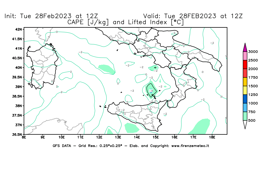 Mappa di analisi GFS - CAPE [J/kg] e Lifted Index [°C] in Sud-Italia
							del 28/02/2023 12 <!--googleoff: index-->UTC<!--googleon: index-->