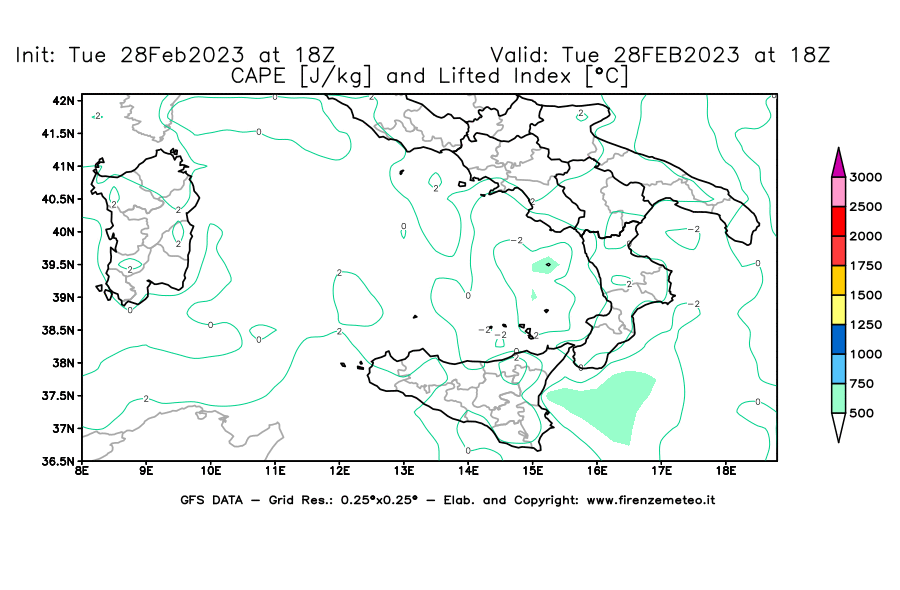 Mappa di analisi GFS - CAPE [J/kg] e Lifted Index [°C] in Sud-Italia
							del 28/02/2023 18 <!--googleoff: index-->UTC<!--googleon: index-->