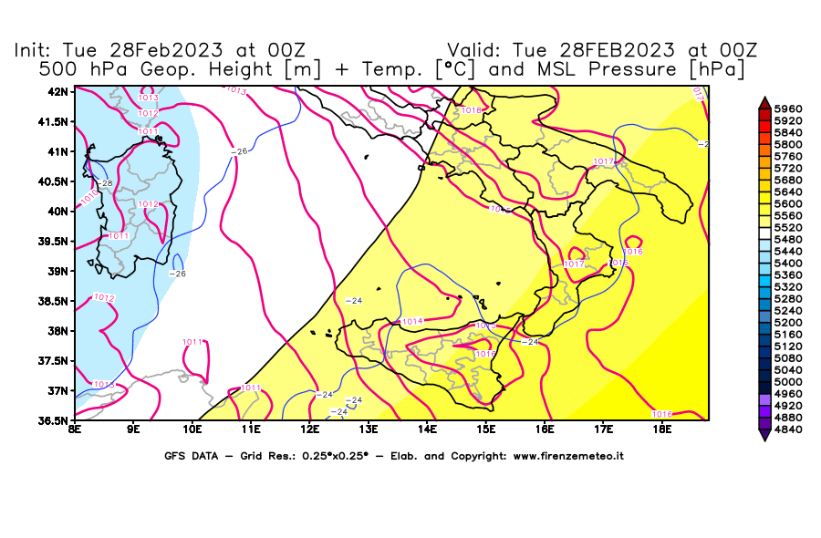Mappa di analisi GFS - Geopotenziale [m] + Temp. [°C] a 500 hPa + Press. a livello del mare [hPa] in Sud-Italia
							del 28/02/2023 00 <!--googleoff: index-->UTC<!--googleon: index-->