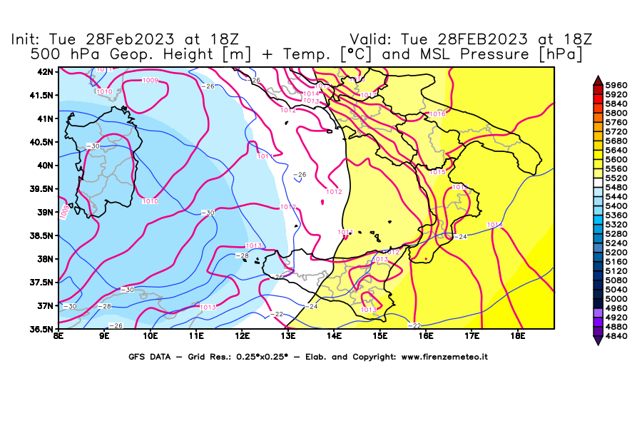 Mappa di analisi GFS - Geopotenziale [m] + Temp. [°C] a 500 hPa + Press. a livello del mare [hPa] in Sud-Italia
							del 28/02/2023 18 <!--googleoff: index-->UTC<!--googleon: index-->