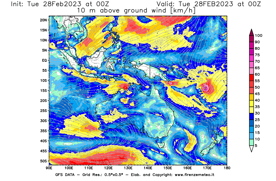 Mappa di analisi GFS - Velocità del vento a 10 metri dal suolo [km/h] in Oceania
							del 28/02/2023 00 <!--googleoff: index-->UTC<!--googleon: index-->