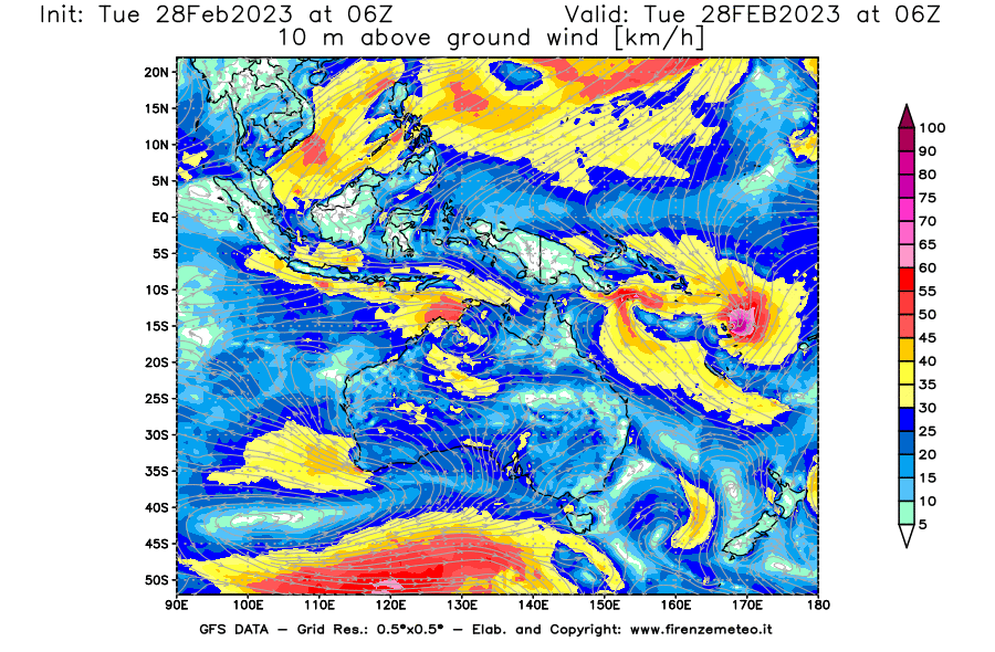 Mappa di analisi GFS - Velocità del vento a 10 metri dal suolo [km/h] in Oceania
							del 28/02/2023 06 <!--googleoff: index-->UTC<!--googleon: index-->