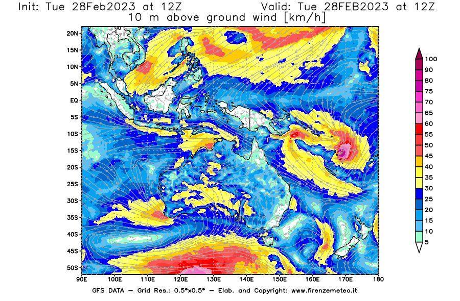 Mappa di analisi GFS - Velocità del vento a 10 metri dal suolo [km/h] in Oceania
							del 28/02/2023 12 <!--googleoff: index-->UTC<!--googleon: index-->