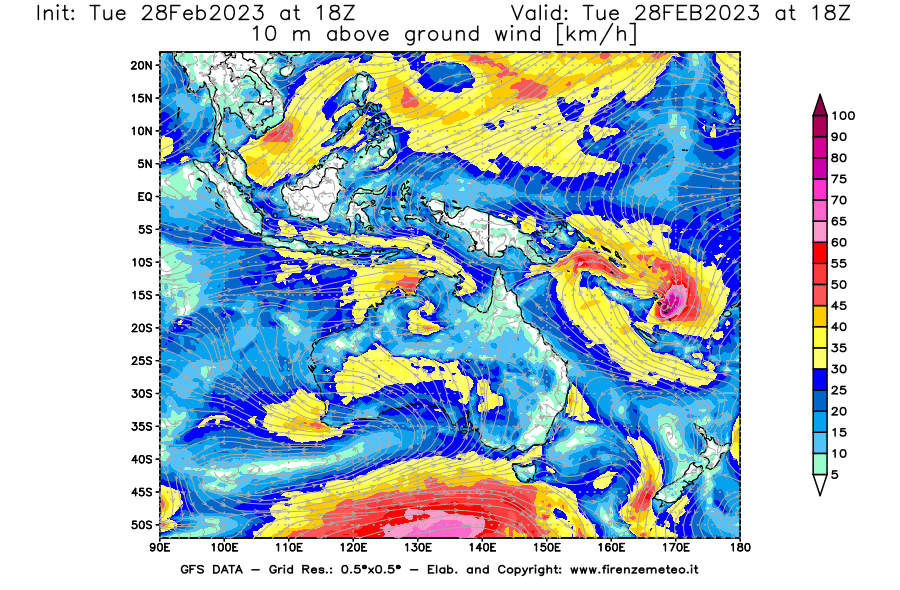 Mappa di analisi GFS - Velocità del vento a 10 metri dal suolo [km/h] in Oceania
							del 28/02/2023 18 <!--googleoff: index-->UTC<!--googleon: index-->