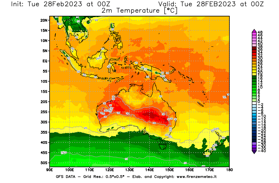 Mappa di analisi GFS - Temperatura a 2 metri dal suolo [°C] in Oceania
							del 28/02/2023 00 <!--googleoff: index-->UTC<!--googleon: index-->