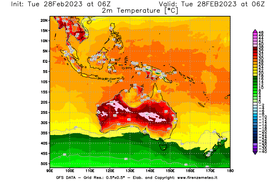 Mappa di analisi GFS - Temperatura a 2 metri dal suolo [°C] in Oceania
							del 28/02/2023 06 <!--googleoff: index-->UTC<!--googleon: index-->