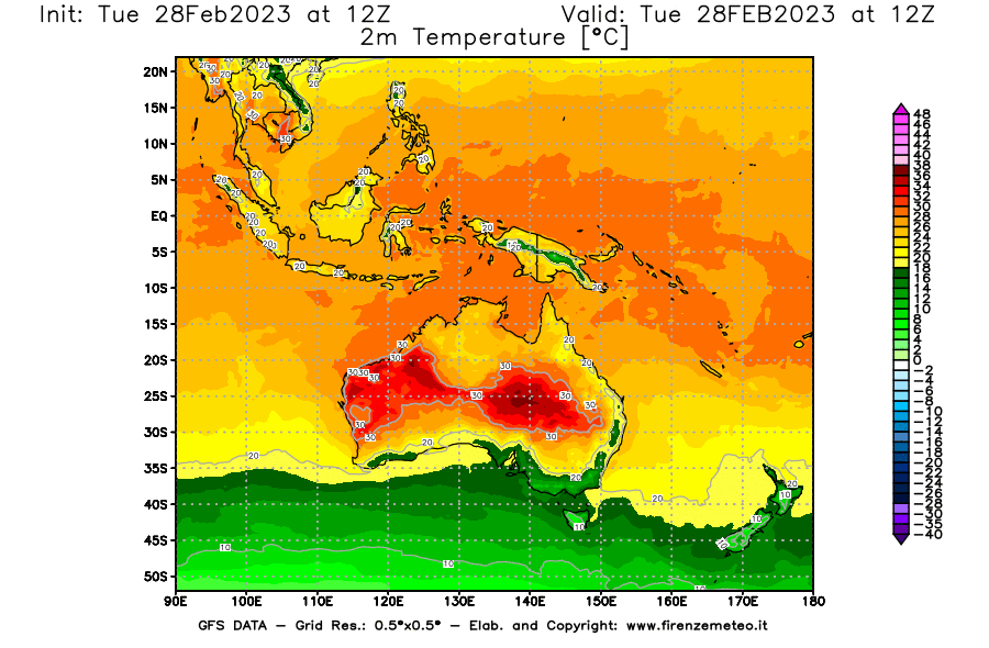 Mappa di analisi GFS - Temperatura a 2 metri dal suolo [°C] in Oceania
							del 28/02/2023 12 <!--googleoff: index-->UTC<!--googleon: index-->