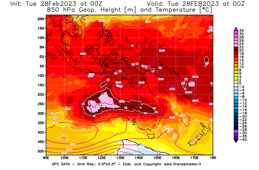 Mappa di analisi GFS - Geopotenziale [m] e Temperatura [°C] a 850 hPa in Oceania
							del 28/02/2023 00 <!--googleoff: index-->UTC<!--googleon: index-->
