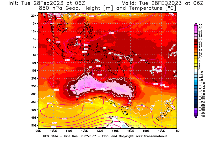 Mappa di analisi GFS - Geopotenziale [m] e Temperatura [°C] a 850 hPa in Oceania
							del 28/02/2023 06 <!--googleoff: index-->UTC<!--googleon: index-->